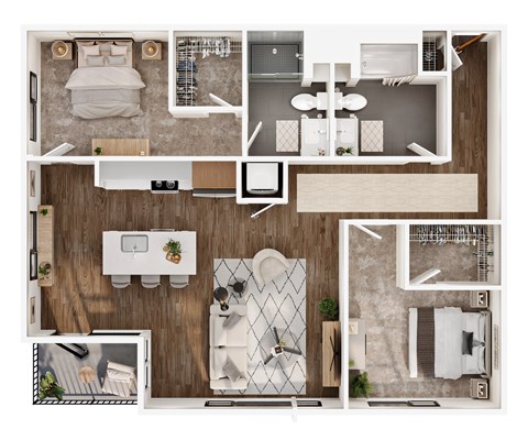 Floor plan for 2 beds, 2 baths, 1347 sqft